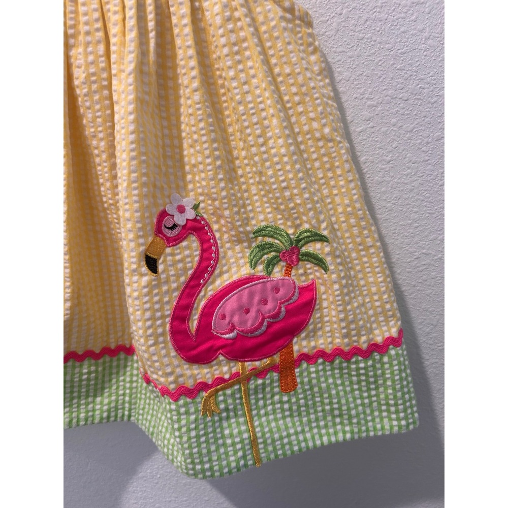 Emily Rose Infant Girls Yellow Green Gingham Flamingo Seersucker Dress 18M - Picture 2 of 7